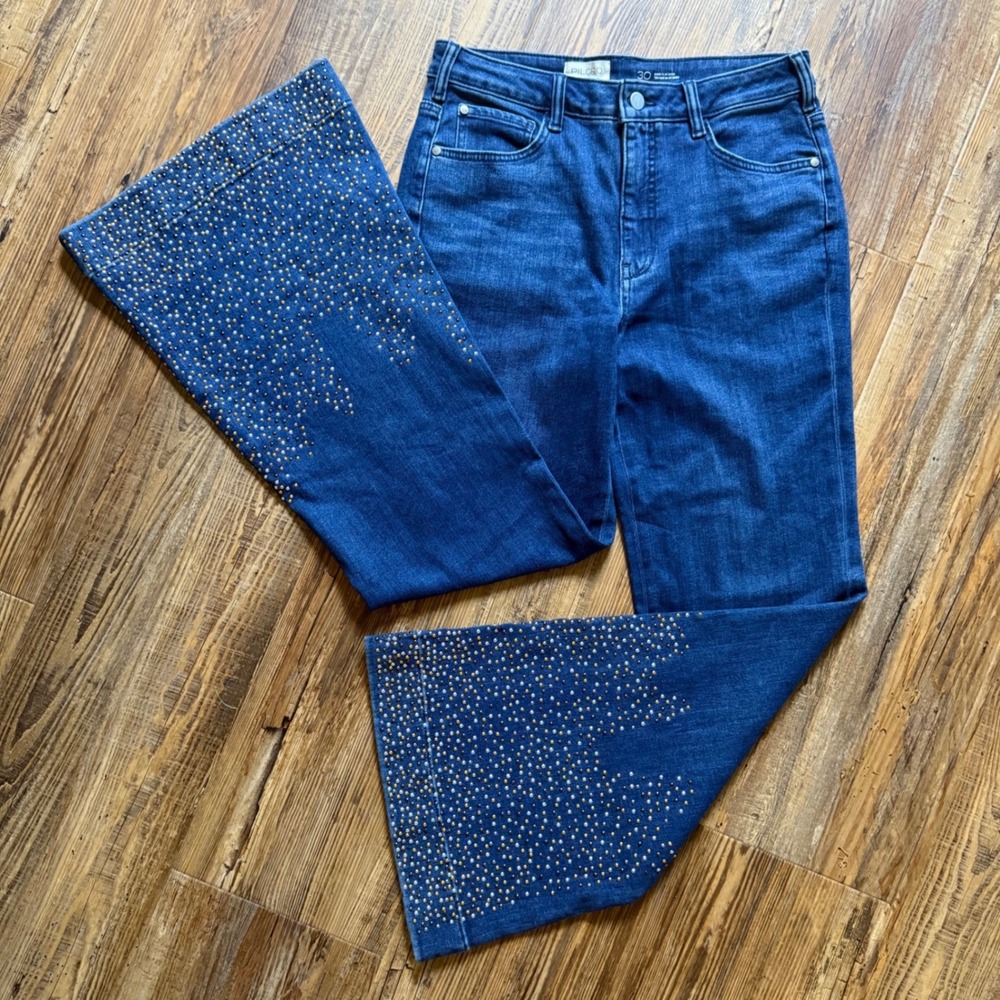 Anthropologie Pilcro Studded Flare Jeans Womens 30 Blue High Rise Wide Leg